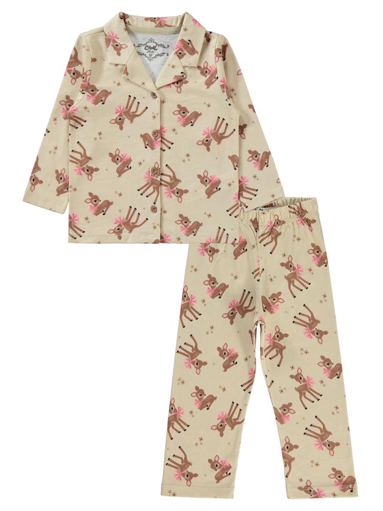Civil Girls Fiyonklu Geyik Empirme 2-5 Yaş Pijama Takımı - Kahverengi