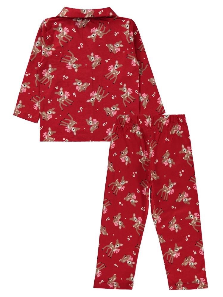 Civil Girls Fiyonklu Geyik Empirme 2-5 Yaş Pijama Takımı - Kırmızı