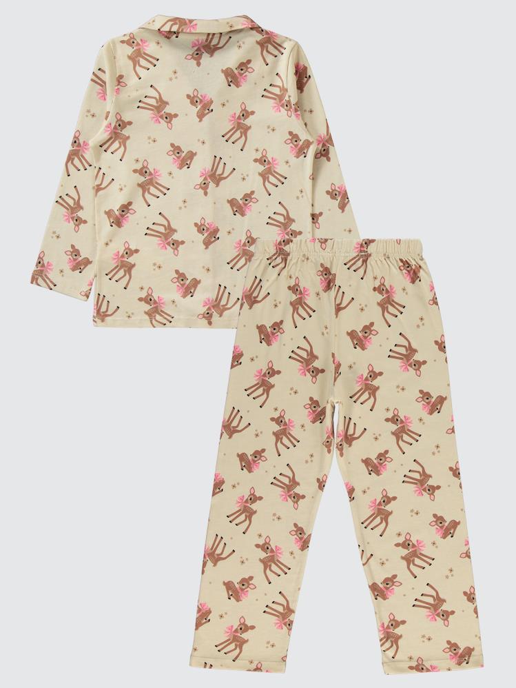 Civil Girls Fiyonklu Geyik Empirme 6-9 Yaş Pijama Takımı - Kahverengi