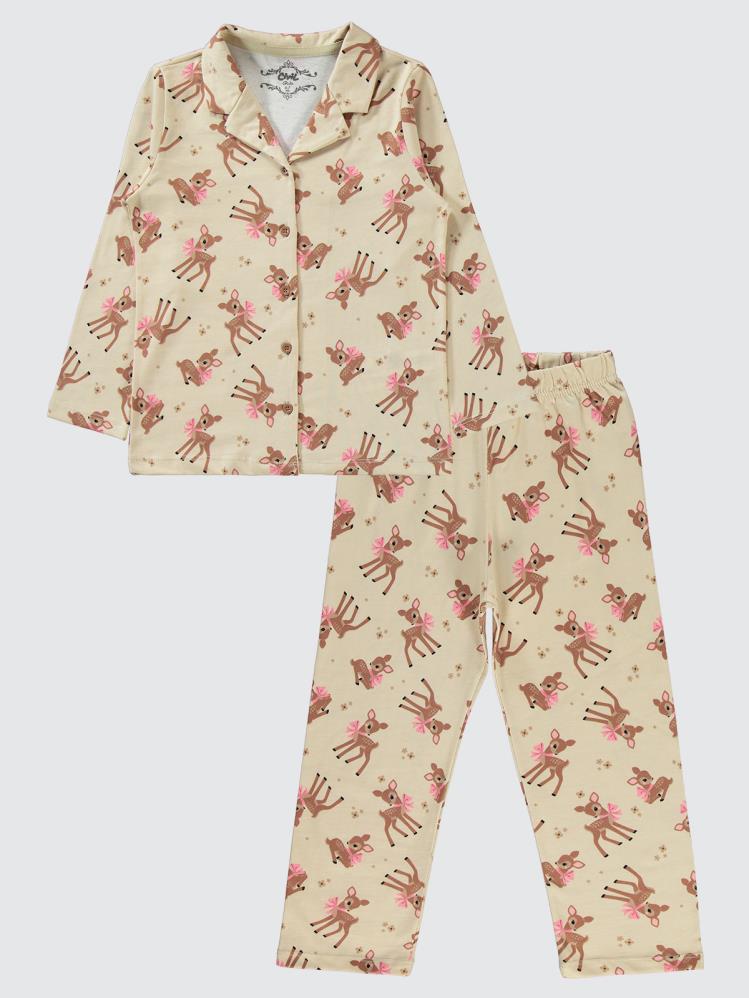 Civil Girls Fiyonklu Geyik Empirme 6-9 Yaş Pijama Takımı - Kahverengi