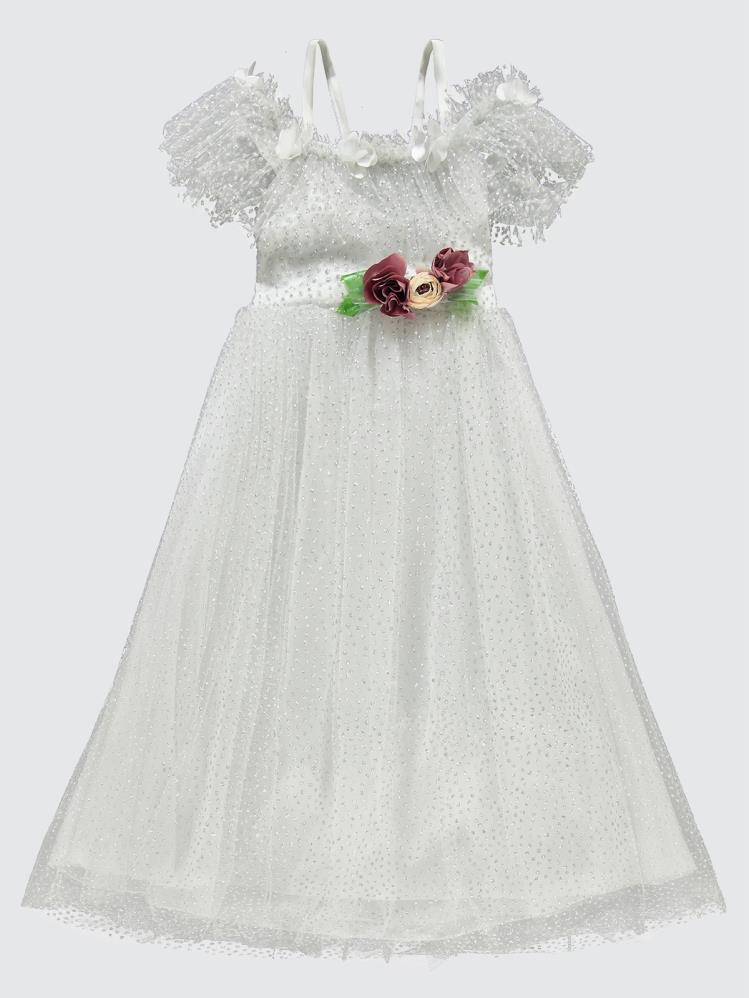 Civil Girls Çiçek Aksesuarlı 2-5 Yaş Abiye - Bej