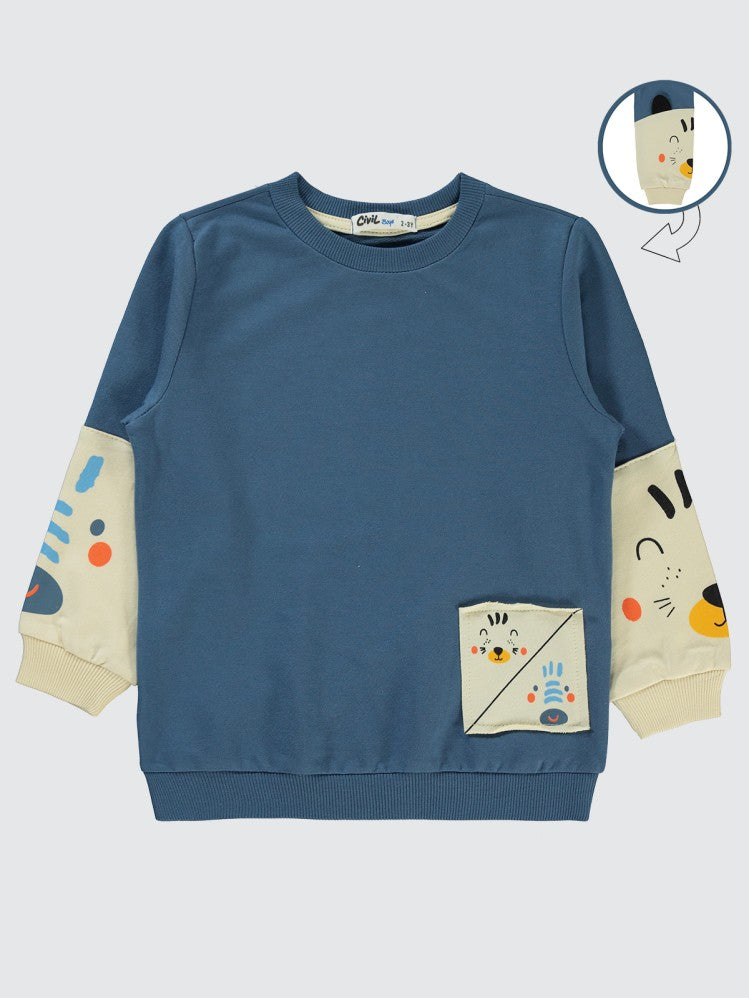 Civil Boys Kol Hayvanlar Baskılı 2-5 Yaş Sweatshirt - Mavi