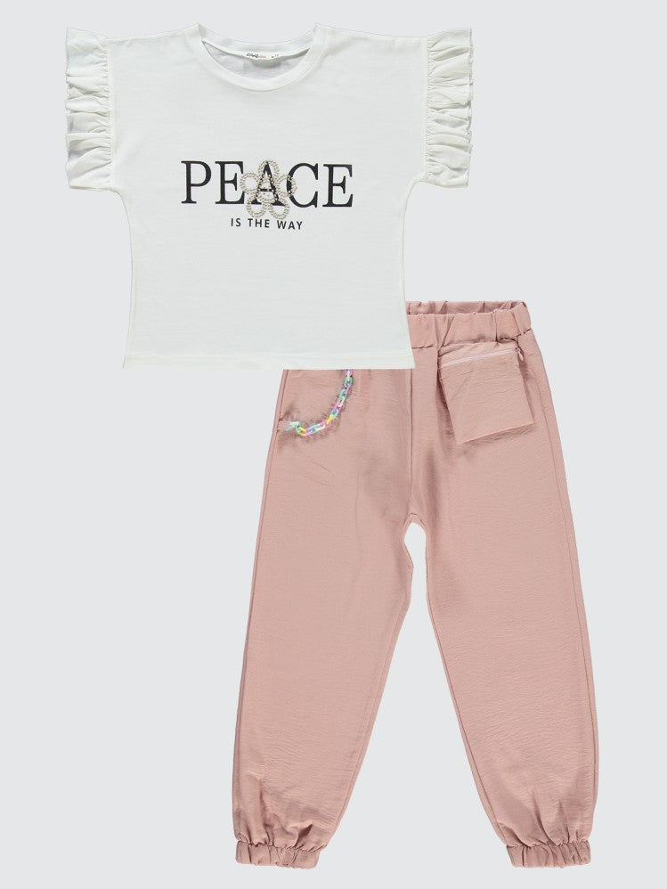 Civil Girls Peace Baskılı 6-9 Yaş Takım - Pudra