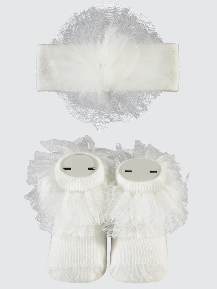 Civil Baby Tüllü Çorap ve Bandana 0-24 Ay Bebek Kız Çorap Set - Ekru