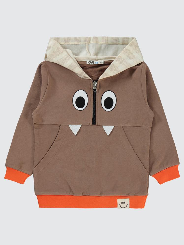Civil Boys Göz Baskılı Cepli Kapşonlu 2-5 Yaş Sweatshirt - Turuncu