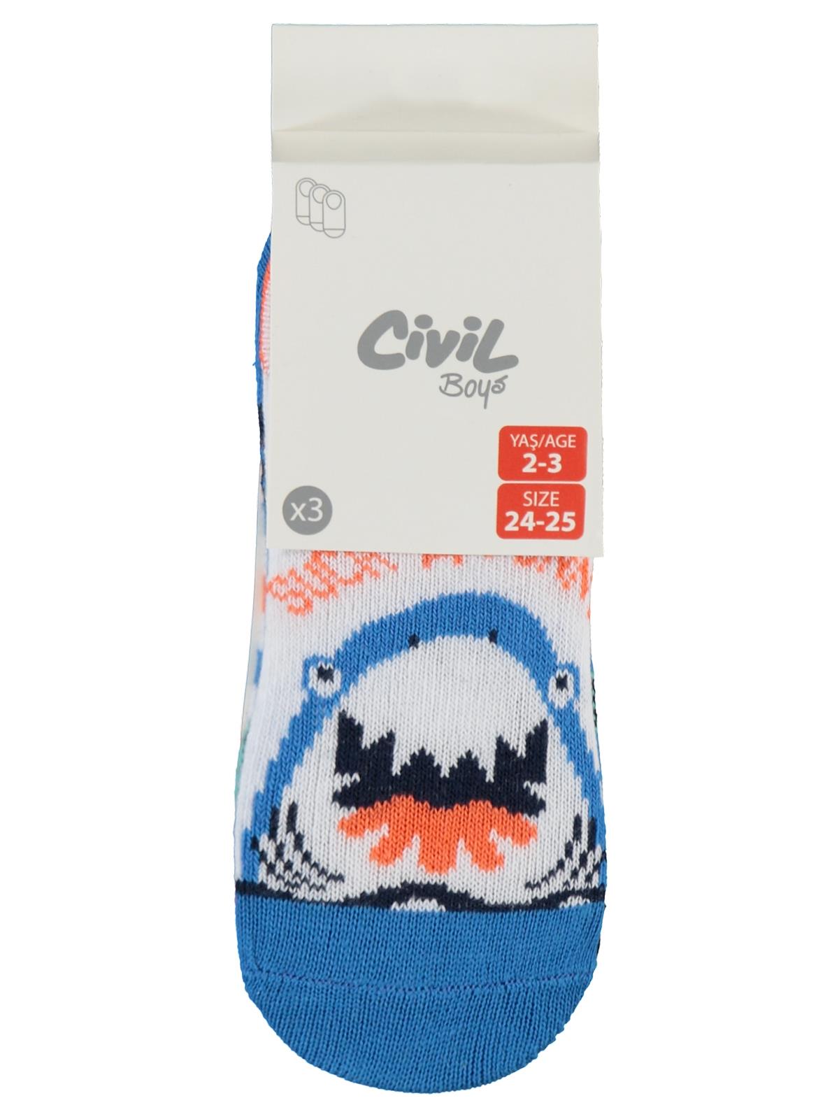 Civil Erkek Çocuk Shark 3'lü Erkek Babet Çorap | Baskılı | Okul Kreş ve Günlük Kullanım