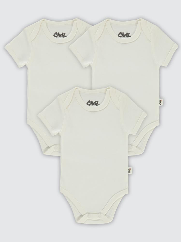 Civil Baby Düz Kısa Kol 3 lü 0-1 Ay Çıtçıtlı Badi - Beyaz