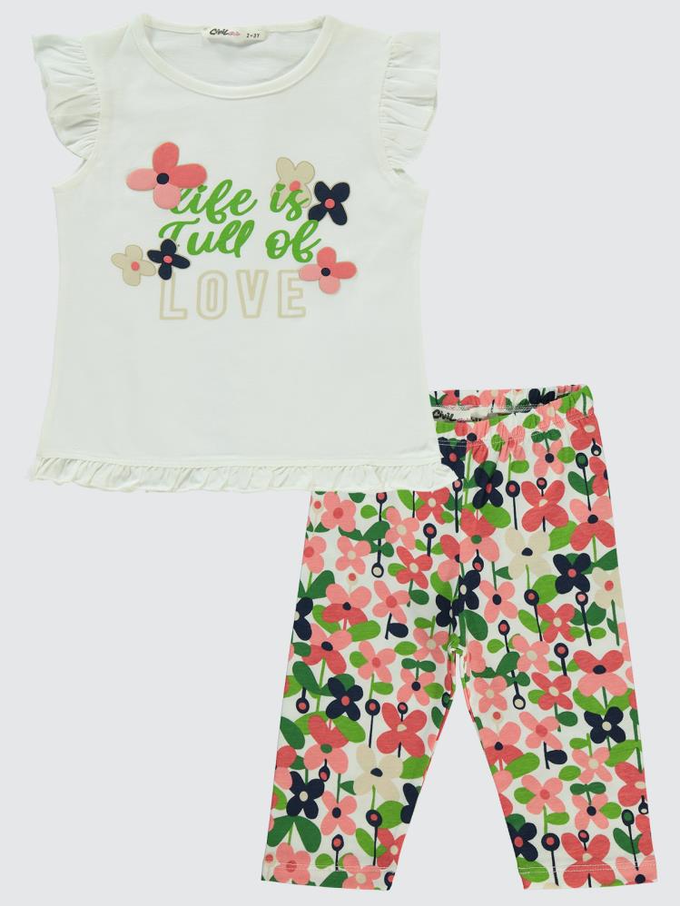 Civil Girls Flowers Baskılı 2-5 Yaş Takım - Ekru