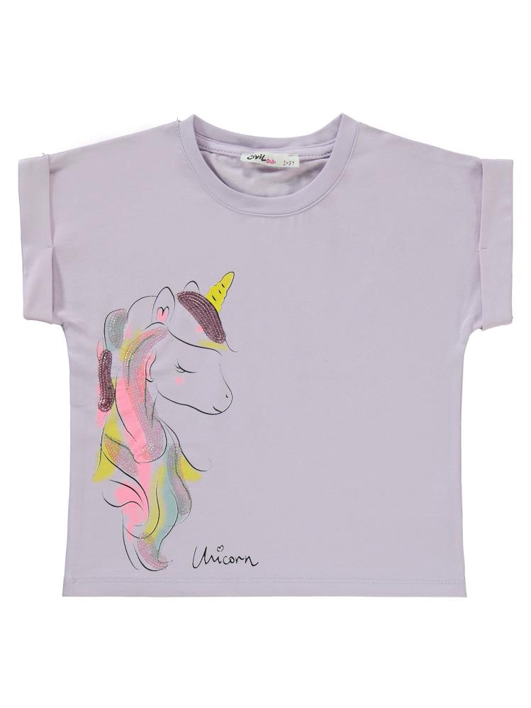 Civil Girls Simli Unicorn Baskılı 2-5 Yaş Takım - Lila