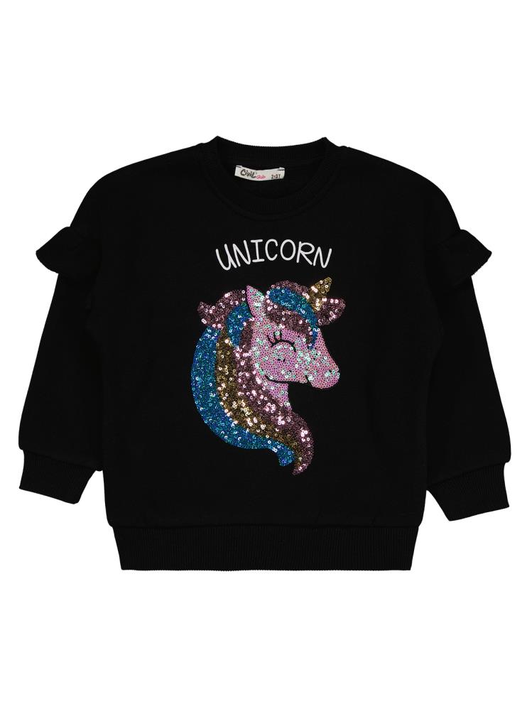 8966 Civil Girls Unicorn Nakışlı 2-5 Yaş Sweatshirt - Siyah