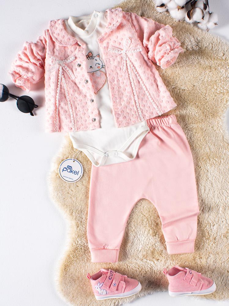 Mini Pakel Hırkalı Kedi Nakışlı 3'lü 1-6 Ay Takım - Pembe
