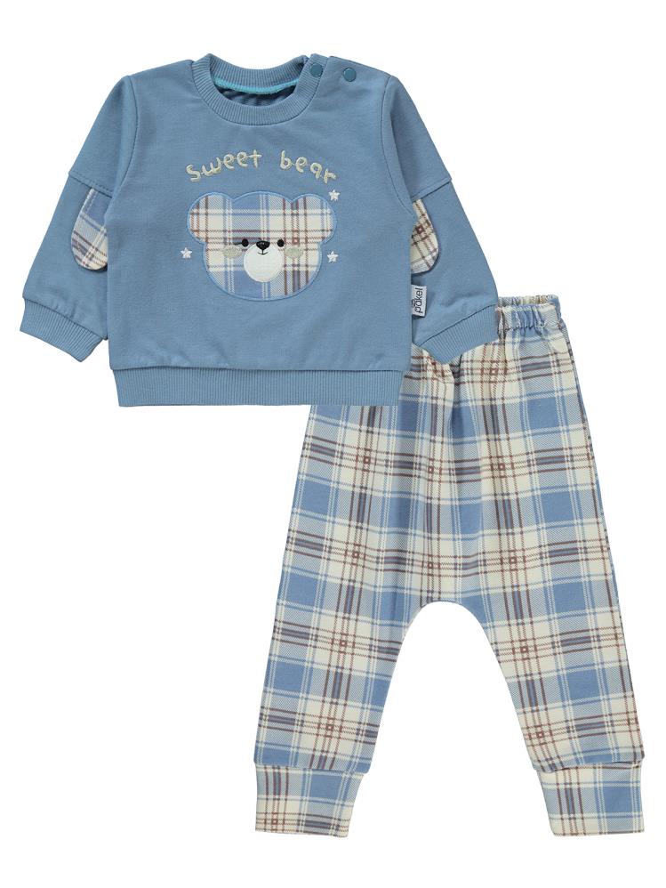 Mini Pakel Sweet Bear Nakışlı Omuzu Çıtçıtlı 2'li 6-18 Ay Takım - Mavi