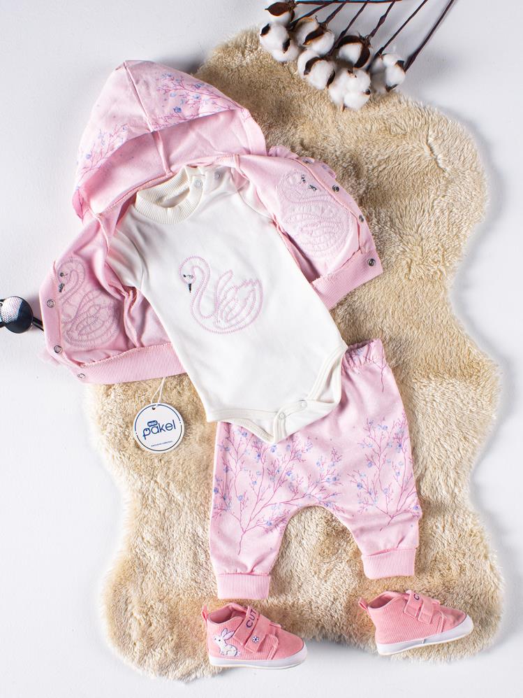 Mini Pakel Kapüşonlu Kuğu Nakışlı 3'lü 1-6 Ay Takım - Pembe