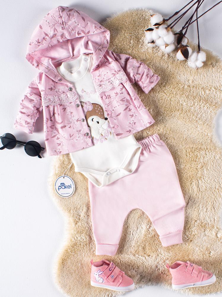 Mini Pakel Kapüşonlu Ceylan Nakışlı 3'lü 1-6 Ay Takım - Pembe