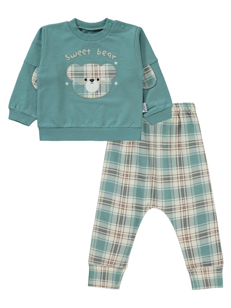 Mini Pakel Sweet Bear Nakışlı Omuzu Çıtçıtlı 2'li 6-18 Ay Takım - Yeşil