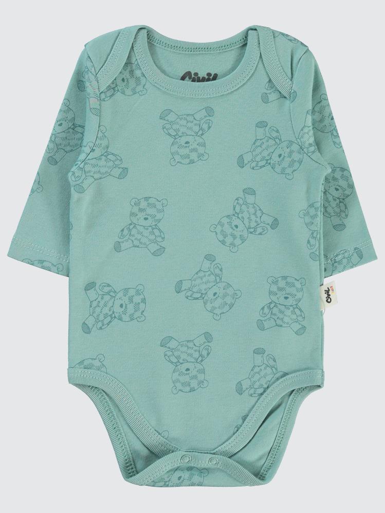 Civil Baby Natural Bear Baskılı 3-18 Çıtçıtlı Badi - Yeşil