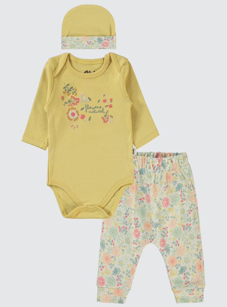Civil Baby Natural Flowers Baskılı 3'lü 6-18 Takım - Hardal