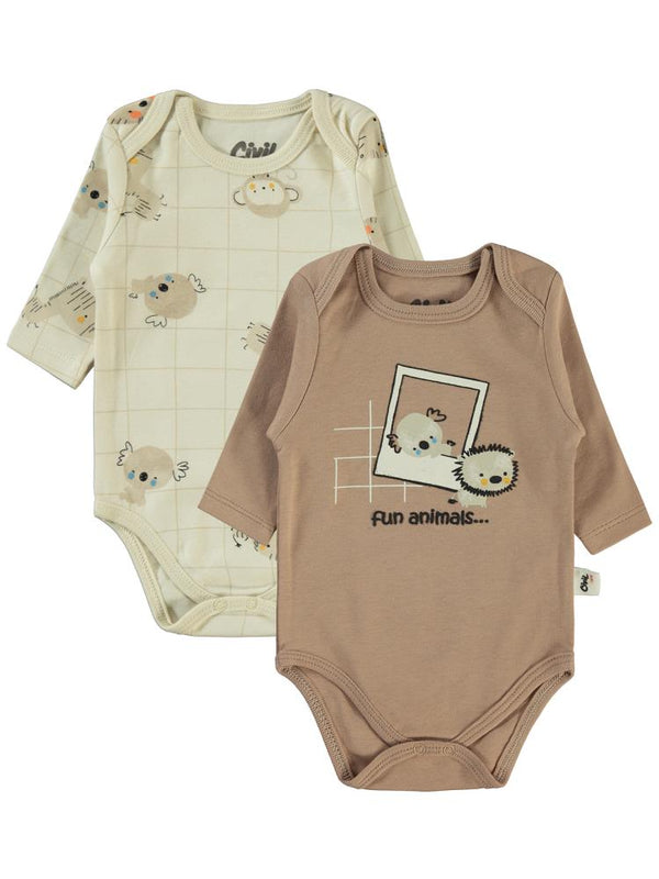 Civil Baby Fun Animals Baskılı 3-18 Çıtçıtlı Badi - Kahverengi