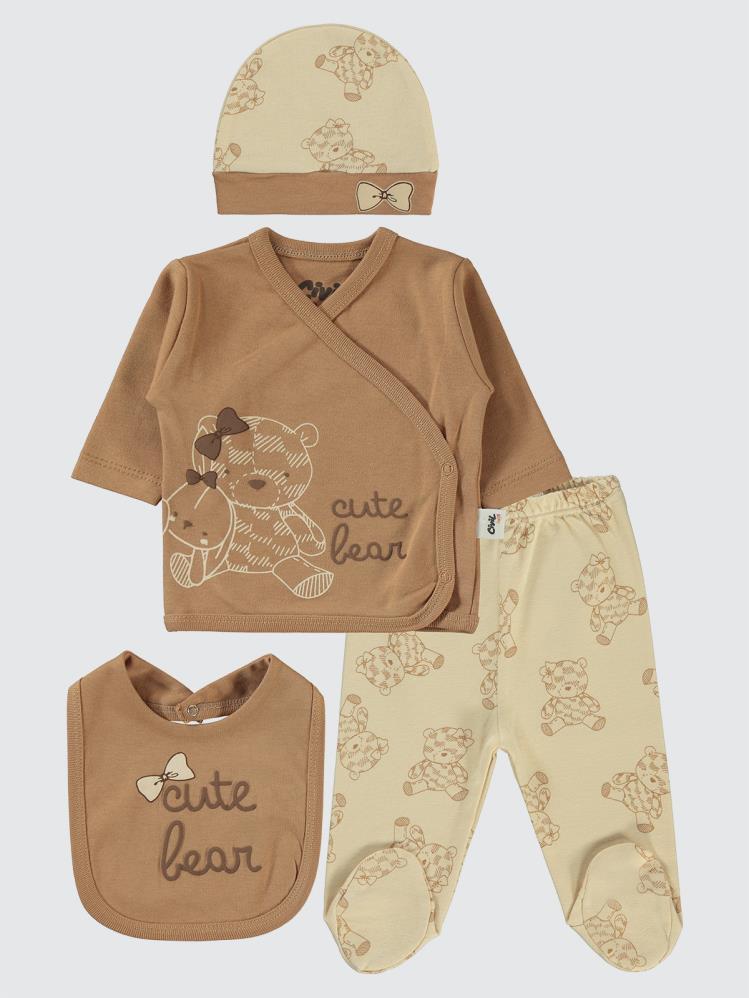 Civil Baby Cute Bear Baskılı 4'li Zıbın Takımları - Kahverengi
