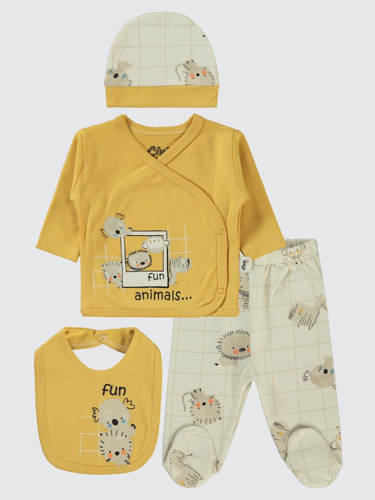 Civil Baby Fun Animals Baskılı 4'li Zıbın Takımları - Hardal