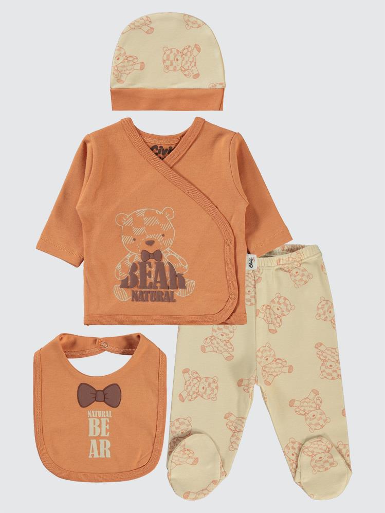 Civil Baby Natural Bear Baskılı 4'li Zıbın Takımları - Turuncu