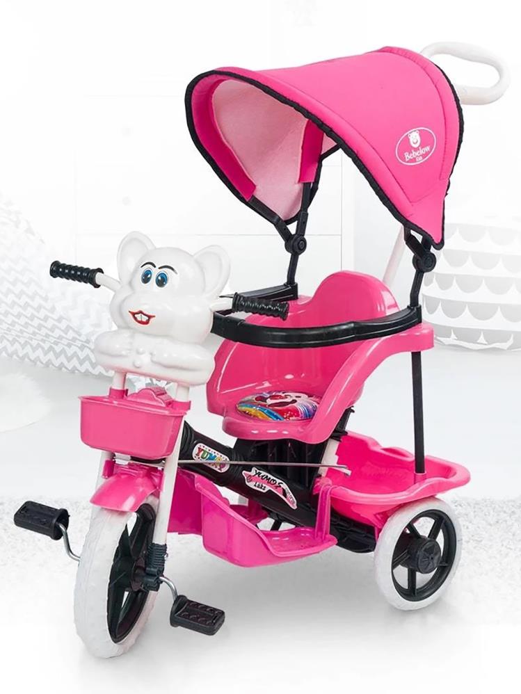 Bebelow Fayton Itmeli Ebeveyn Kontrollü Tenteli Üç Tekerlekli Bisiklet - Pembe