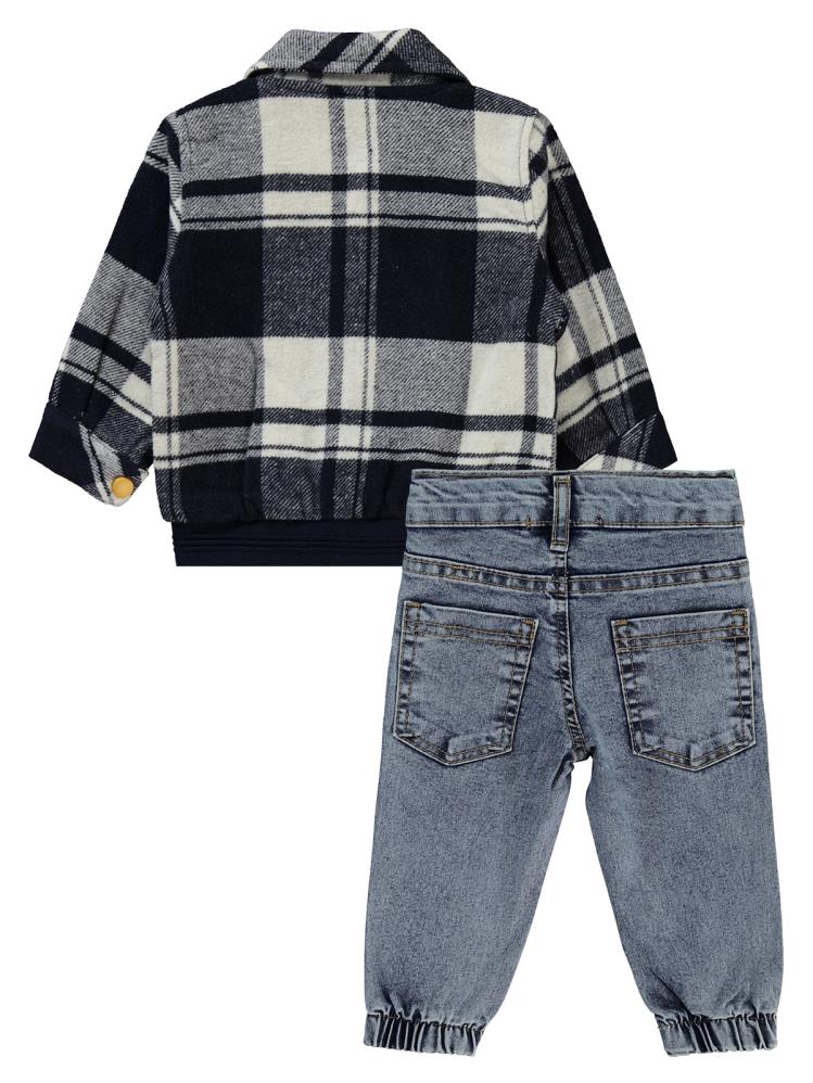 Civil Baby Ekoseli Yazı Nakışlı 3'Lü 6-18 Ay Takım - Lacivert