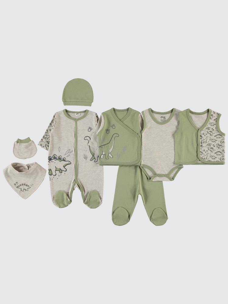 Civil Baby Dinazor baskılı 8 li 0-1 Ay Zıbın Setleri - Haki