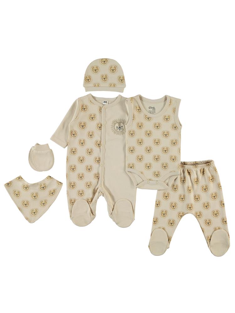 Civil Baby Aslan Baskılı 6 li 0-1 Ay Zıbın Setleri - Bej