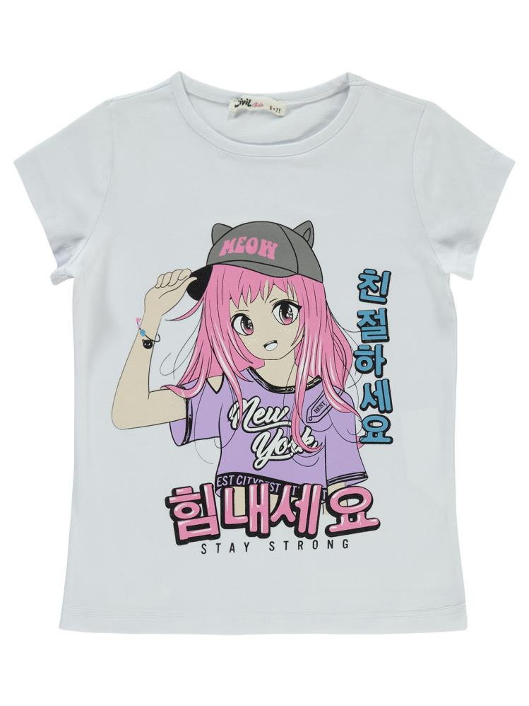Civil Girls Anime Kız Baskılı 6-9 Yaş Tişört - Beyaz