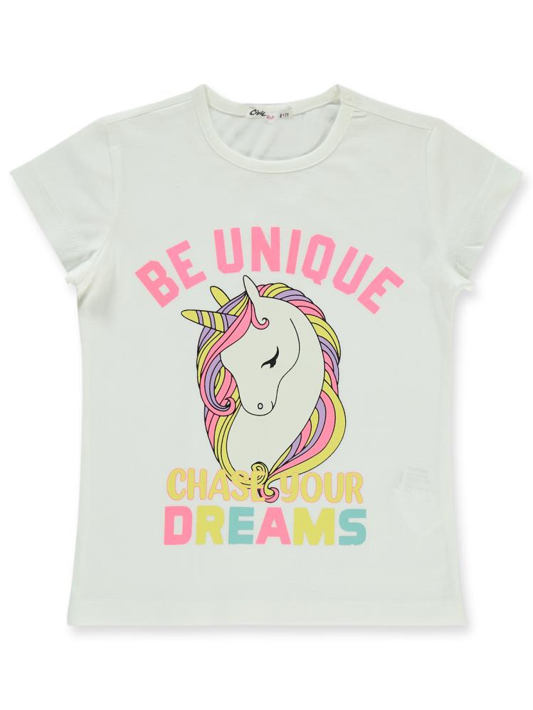 Civil Girls Unicorn Baskılı 6-9 Yaş Tişört - Ekru