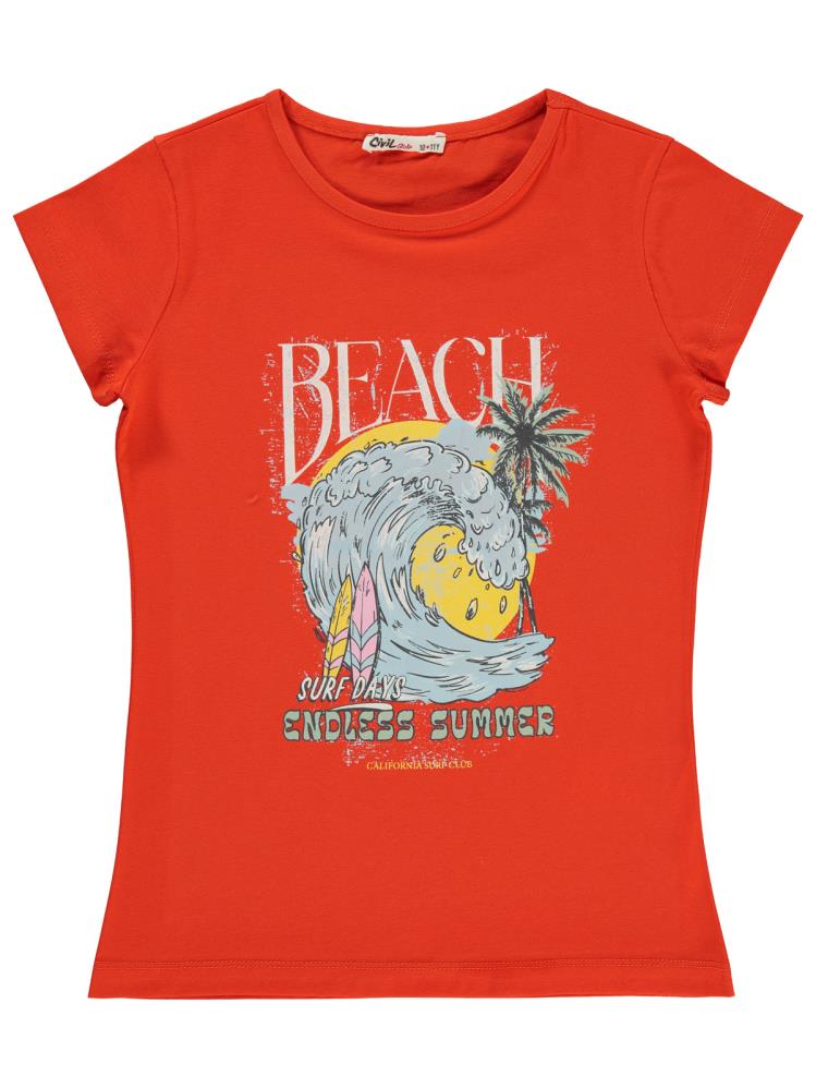 Civil Girls Beach Baskılı 10-13 Yaş Tişört - Turuncu