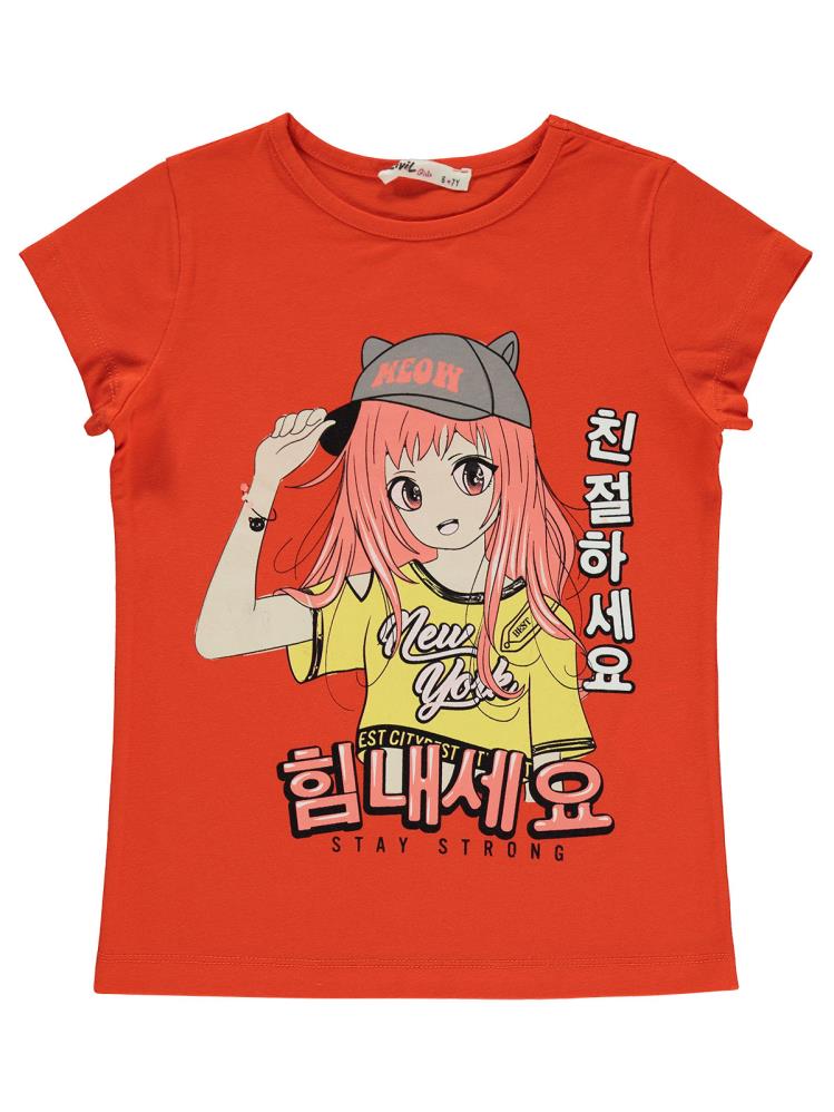 Civil Girls Anime Kız Baskılı 6-9 Yaş Tişört - Turuncu