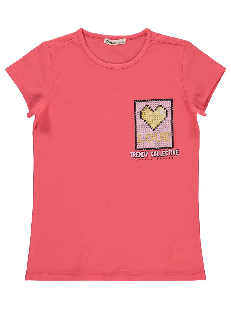 Civil Girls Kalp Love Baskılı 10-13 Yaş Tişört - Pembe