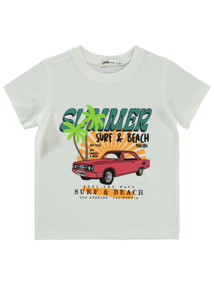 Civil Boys Summer Araba Baskılı 2-5 Yaş Tişört - Ekru