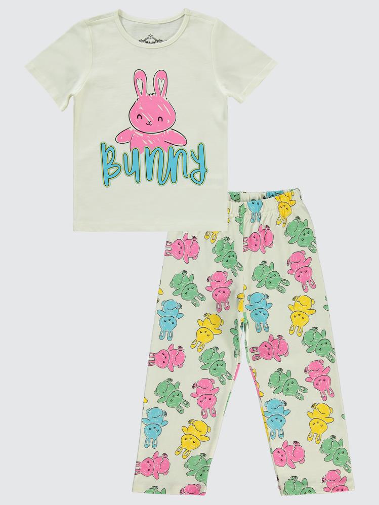Civil Girls Tavşan Baskılı 2-5 Yaş Pijama Takımı - Ekru