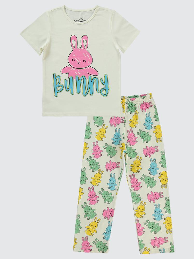Civil Girls Tavşan Baskılı 10-13 Yaş Pijama Takımı - Ekru