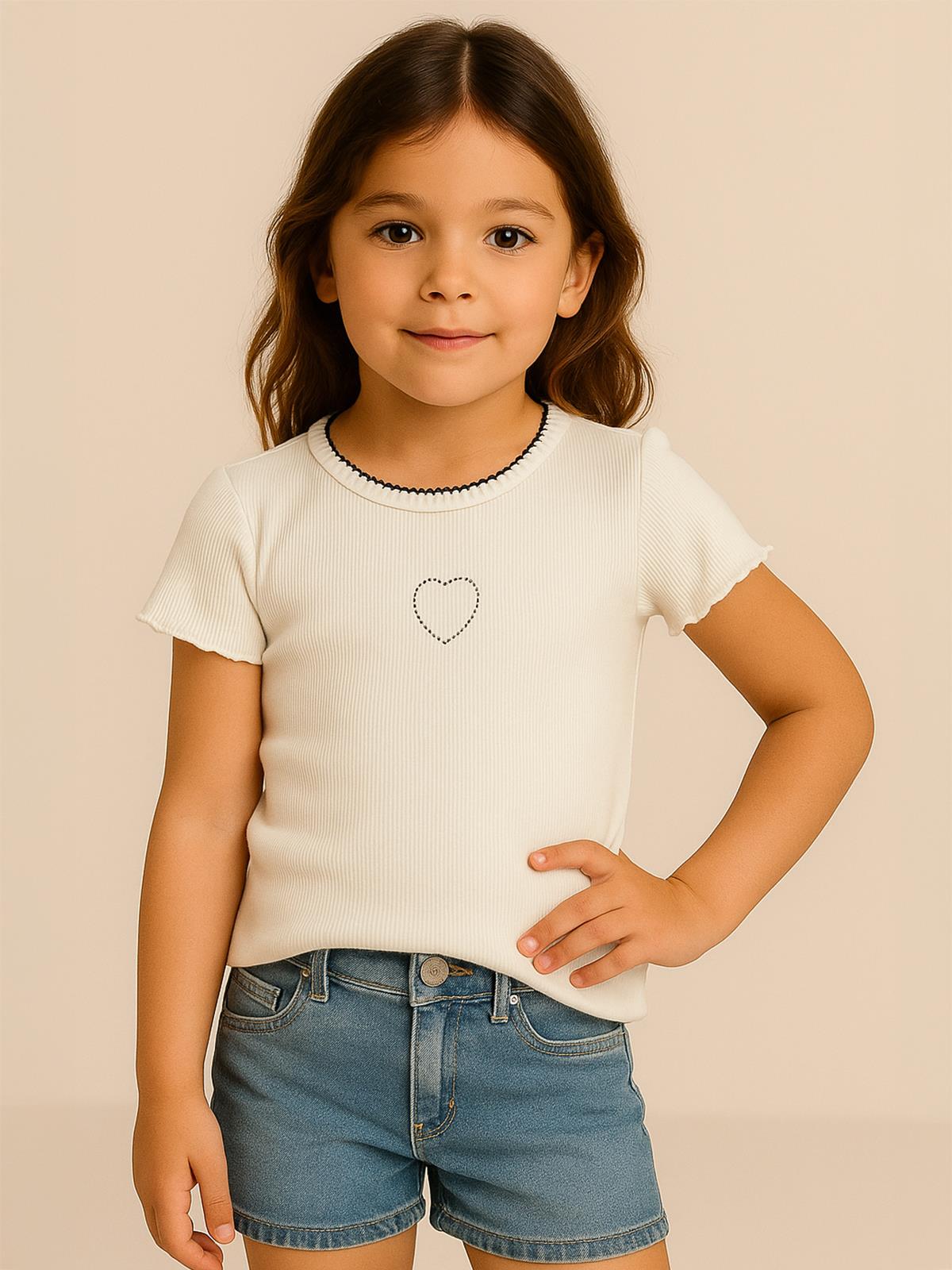 Civil Girls Kalp Baskılı 6-9 Yaş Tişört - Ekru