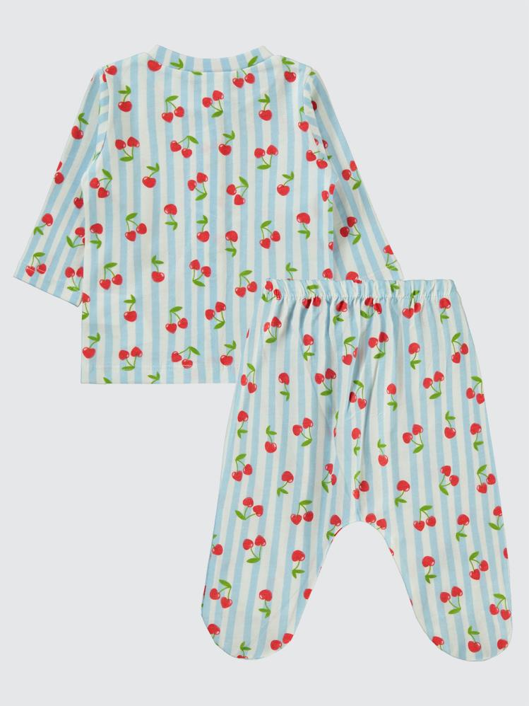 Civil Baby Çizgili Kiraz Baskılı 1-6 Ay Pijama Takımı - Mavi