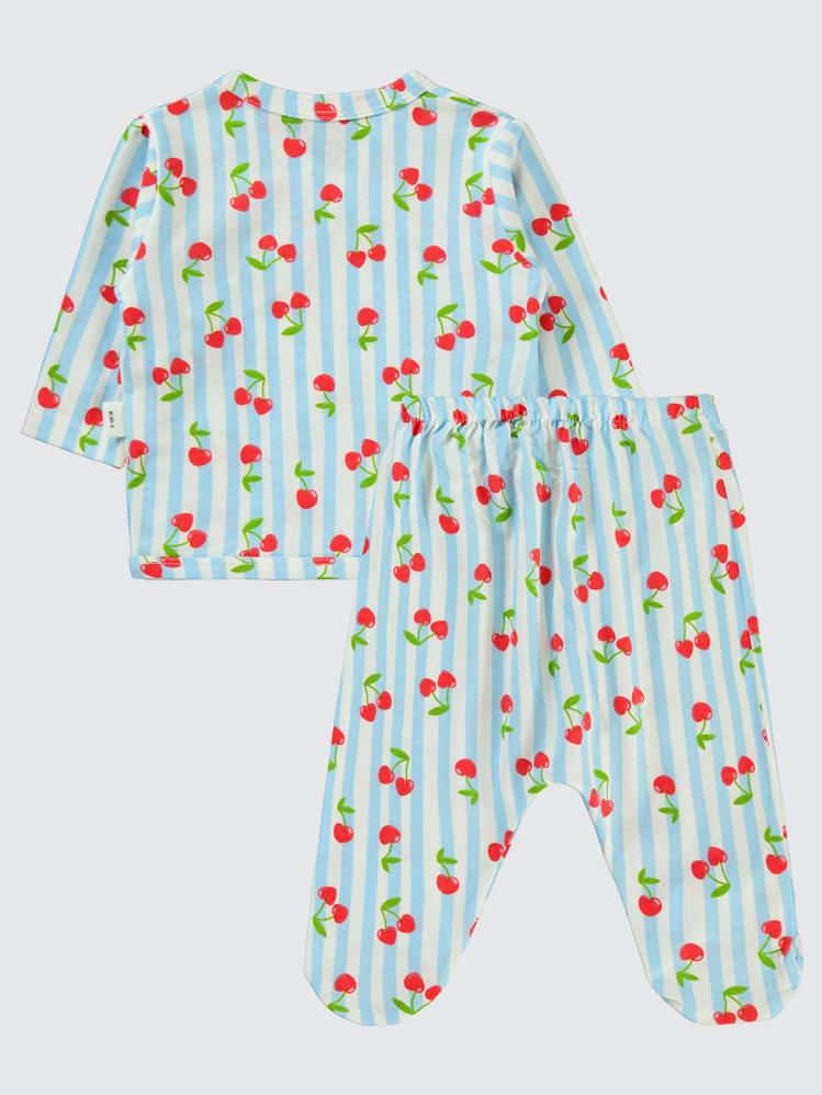 Civil Baby Çizgili Kiraz Baskılı 0-1 Ay Zıbın Takımları - Mavi