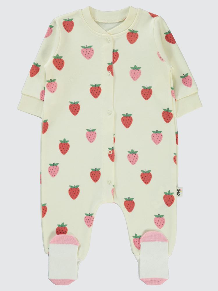 Civil Baby Çilek Baskılı 1-6 Ay Tulum - Ekru
