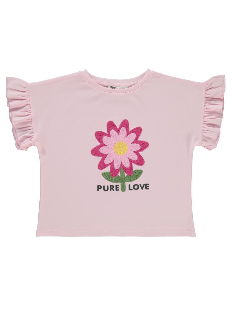 Civil Girls Çiçek Nakışlı 6-9 Yaş Tişört - Pembe