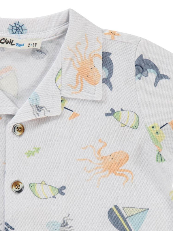 Civil Boys Ahtapot Yelkenli Baskılı 2-5 Yaş Gömlek - Beyaz