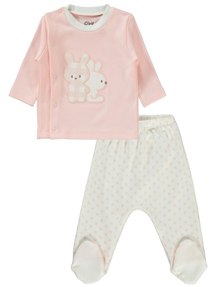 Civil Baby Tavşanlar Nakışlı 0-1 Ay Zıbın Setleri - Pudra