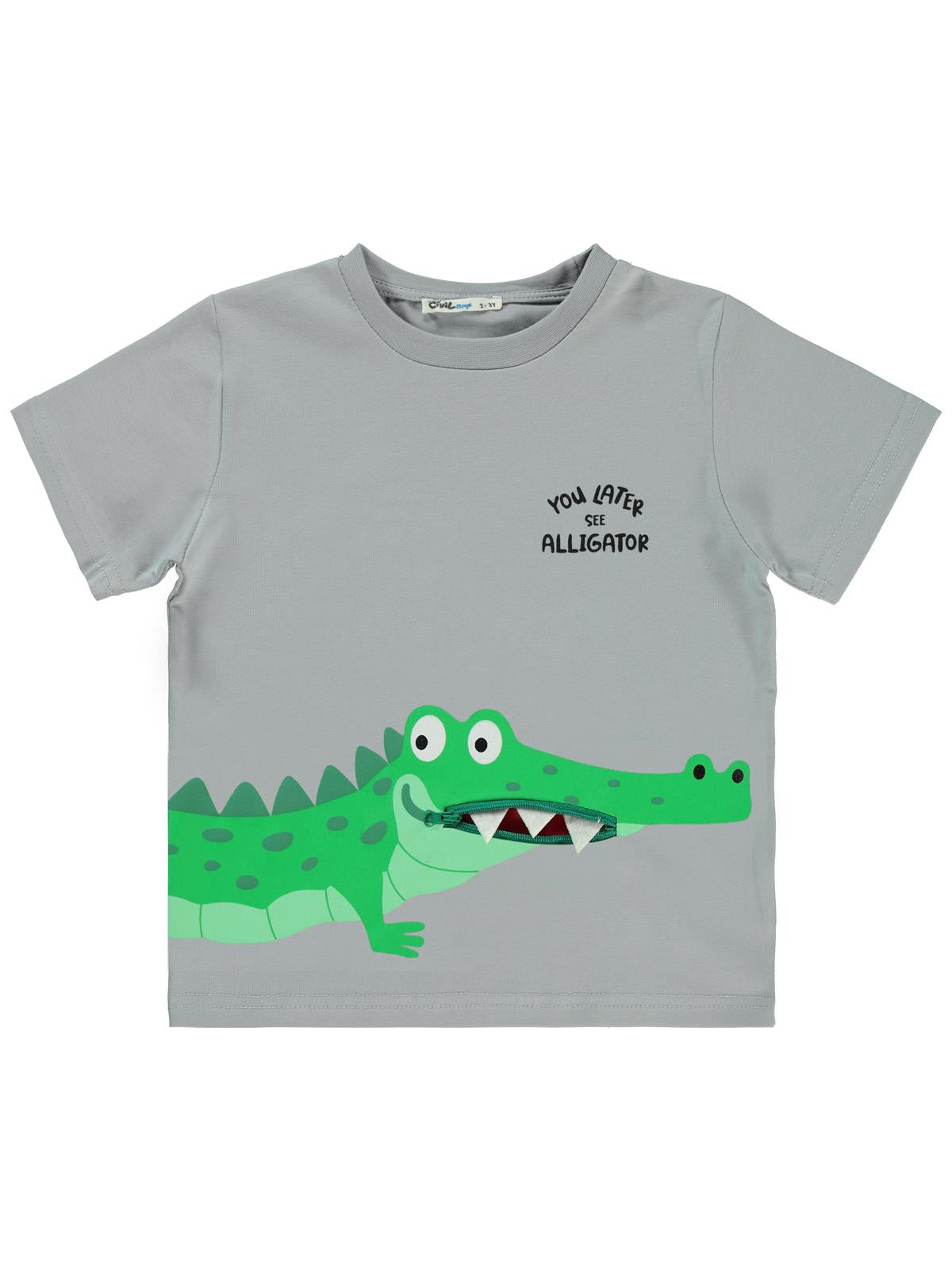Civil Boys Timsah Baskılı 2-5 Yaş Tişört - Gri