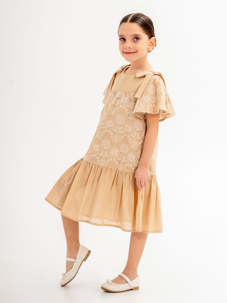 Cocoland Çiçek Desenli 6-9 Yaş Elbise - Bej