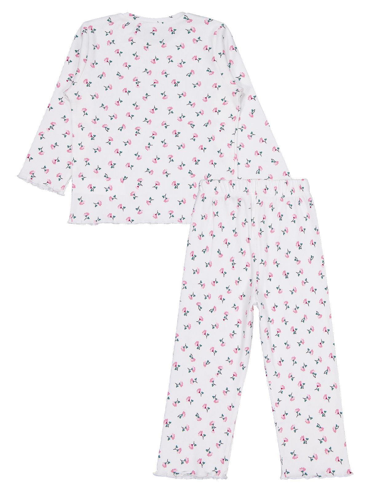 Civil Kız Çocuk Çiçek Desenli Pijama Takımı | Kaşkorse Uzun Kol | Okul Kreş ve Günlük Kullanım - Ekru