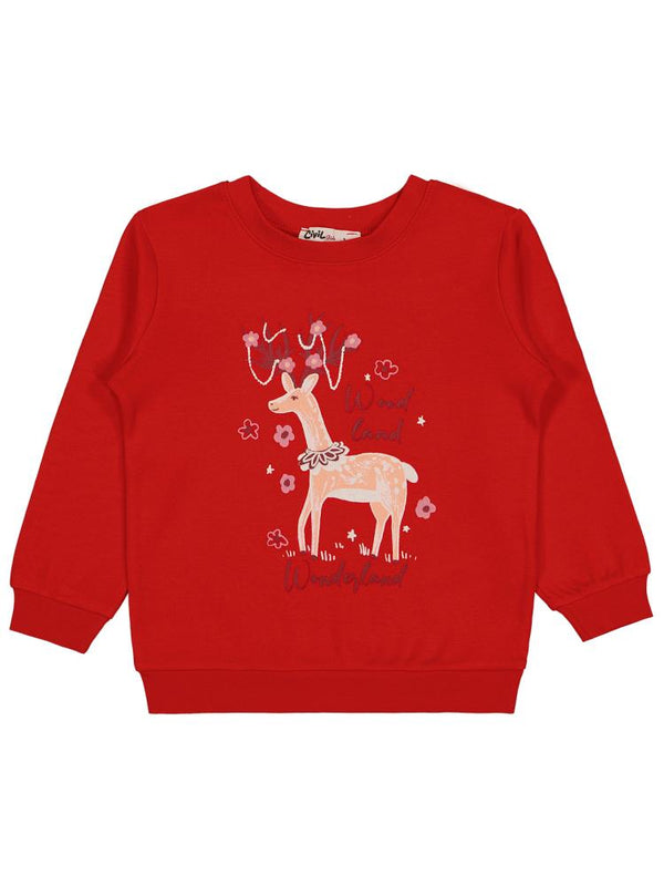 Civil Girls Geyik Baskılı 2-5 Yaş Sweatshirt - Kırmızı