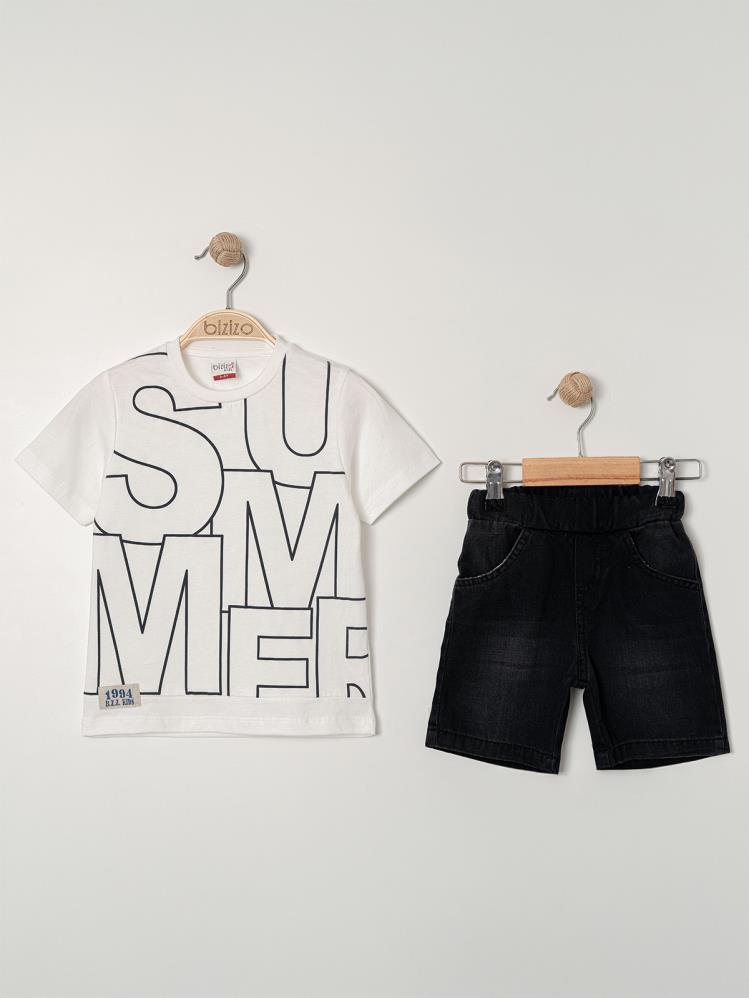 Bizio Summer baskılı Bisiklet Yaka 2-5 Yaş Takım - Ekru