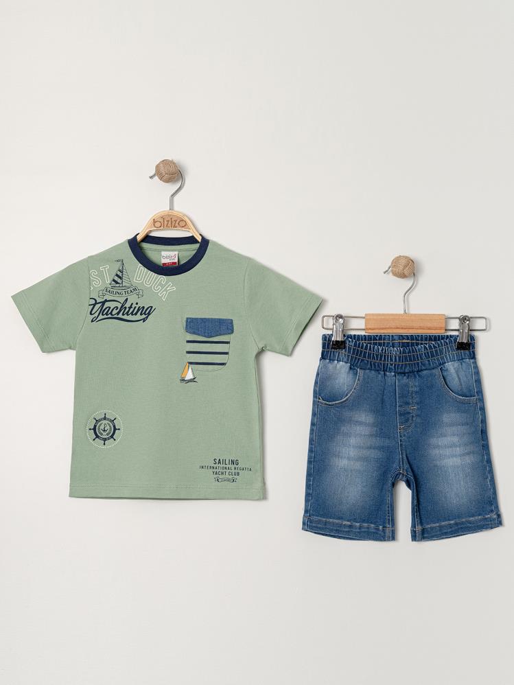 Bizizo Yelken baskılı Bisiklet Yaka 2-5 Yaş Takım - Haki